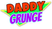Logo of Daddy Grunge: Neon-green triangle pointing downwards with red typo saying Daddy on top and purple lettering Grunge beneath styled in 90s fashion
