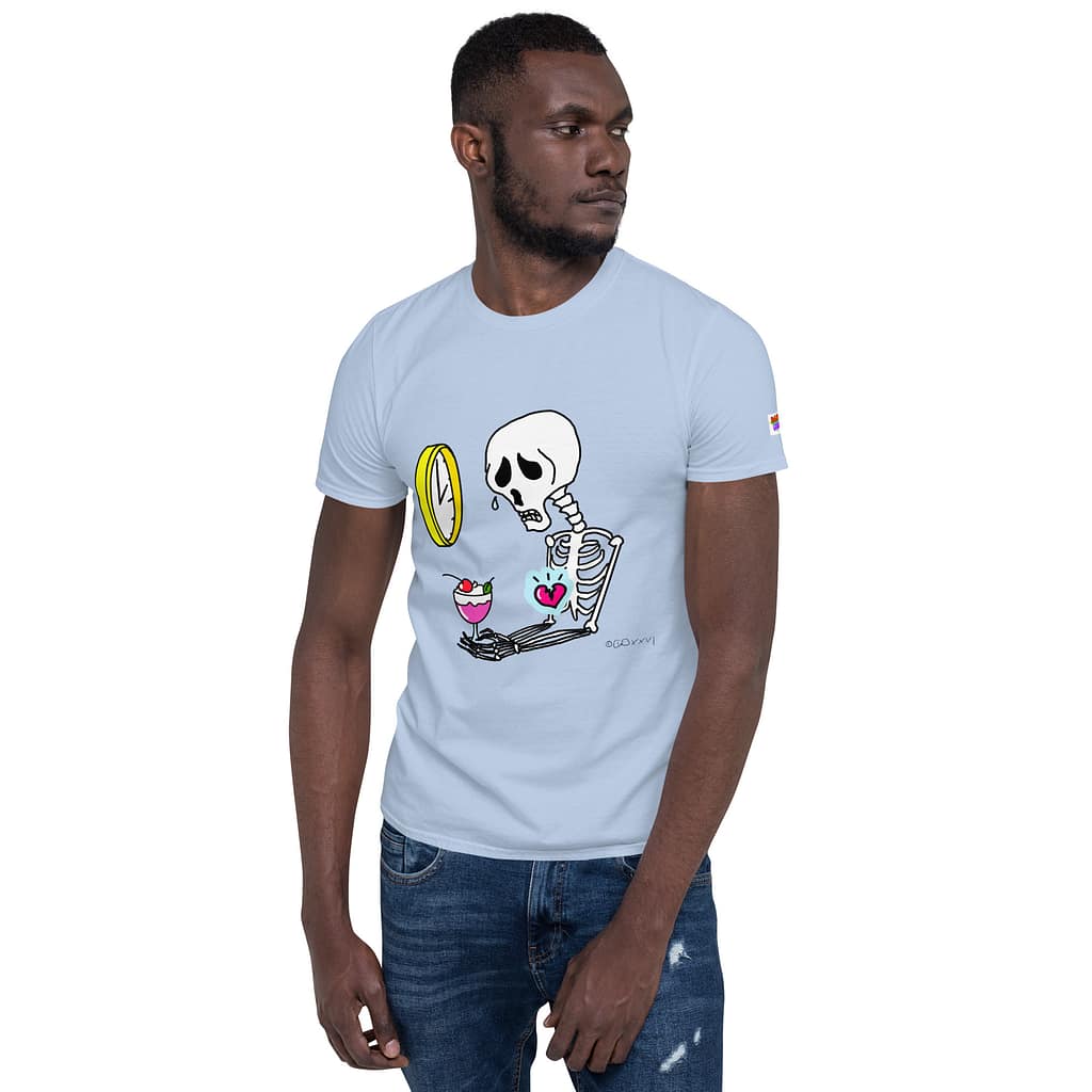 Black guy looking over his left shoulder in a light blue shirt showing a comic artwork of an upset skeleton holding a desert and a clock showing 2 a.m. referring to a famous 90s song.