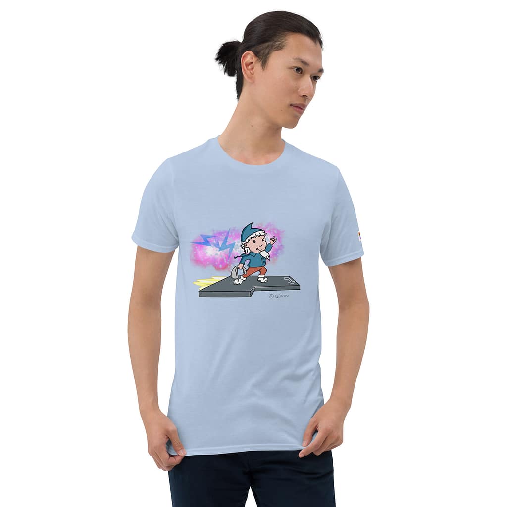 Asian guy standing looking to the left and wearing a light blue-colored T-Shirt with a sandman showing the devil horns and a blinking eye while riding on a Enter-key in color with bolts and cosmic dust in the background.