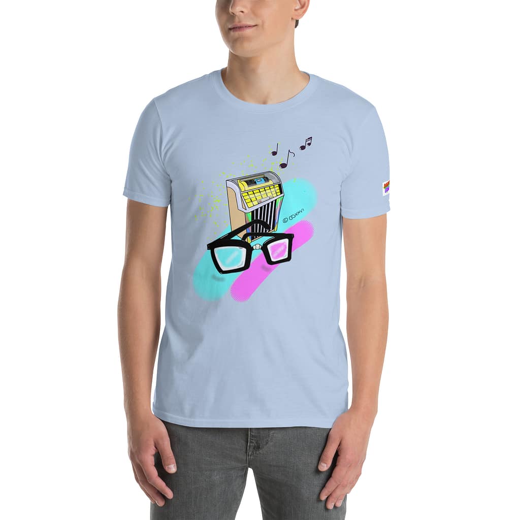 Caucasian guy whose eyes are cut off the picture wearing a light blue shirt with a hand-drawn retro diner jukebox with thick black nerd glasses in front, 90s neon pop-art style with floating music notes - Daddy Grunge "What They Say" graphic tee design