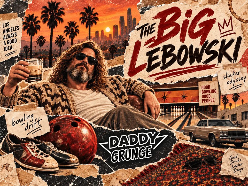 The Big Lebowski collage: a bathrobed slacker, bowling pins and a White Russian in a grunge 90s L.A. style