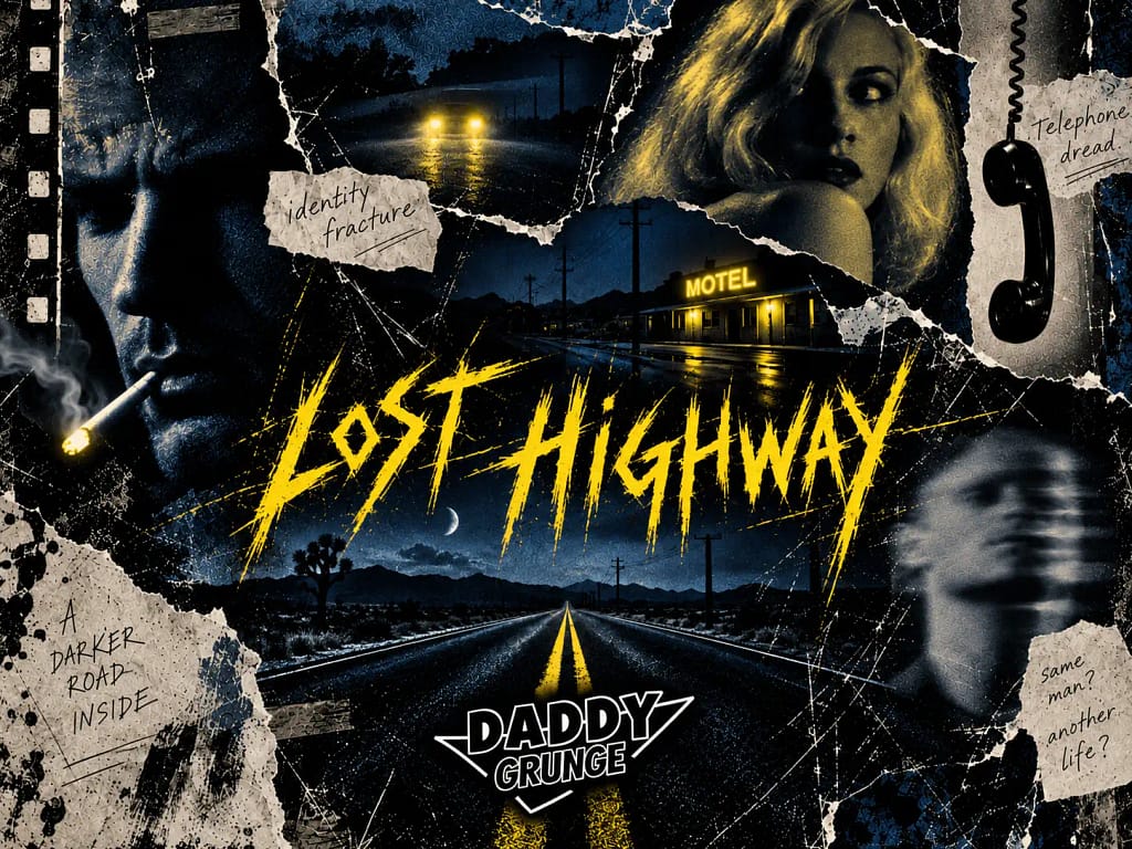 Lost Highway collage: a night highway, a pale mystery face and noir neon in a dark grunge 90s style