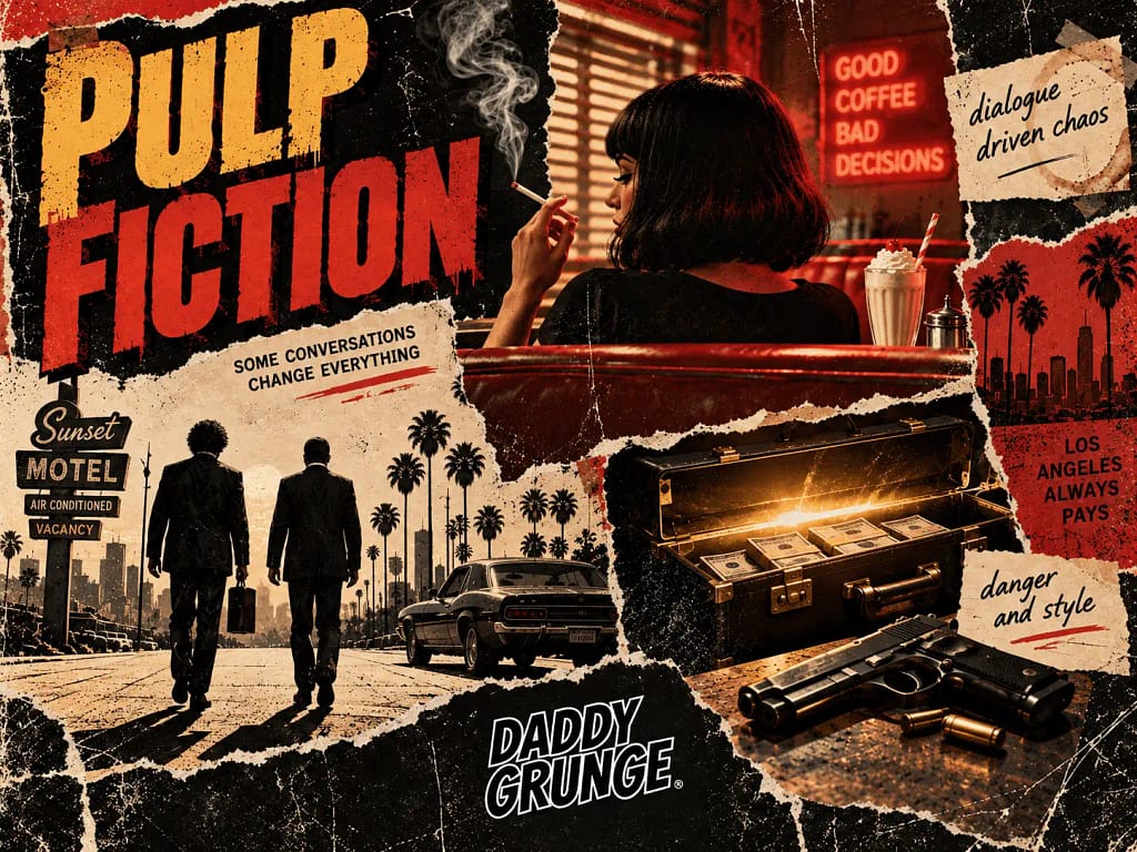 Pulp Fiction collage: smoking woman, two men in suits, a briefcase of cash and a gun in a grunge 90s Los Angeles scene.
