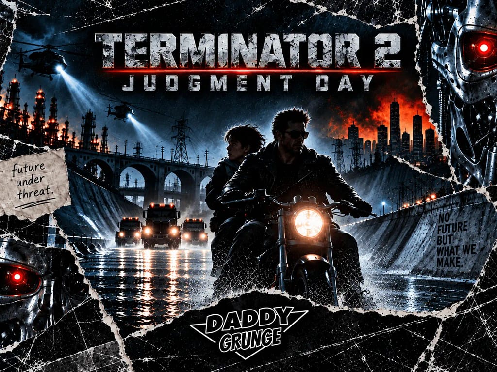 Terminator 2 collage: a chrome cyborg with a glowing red eye, a skull and apocalyptic fire in a grunge 90s style