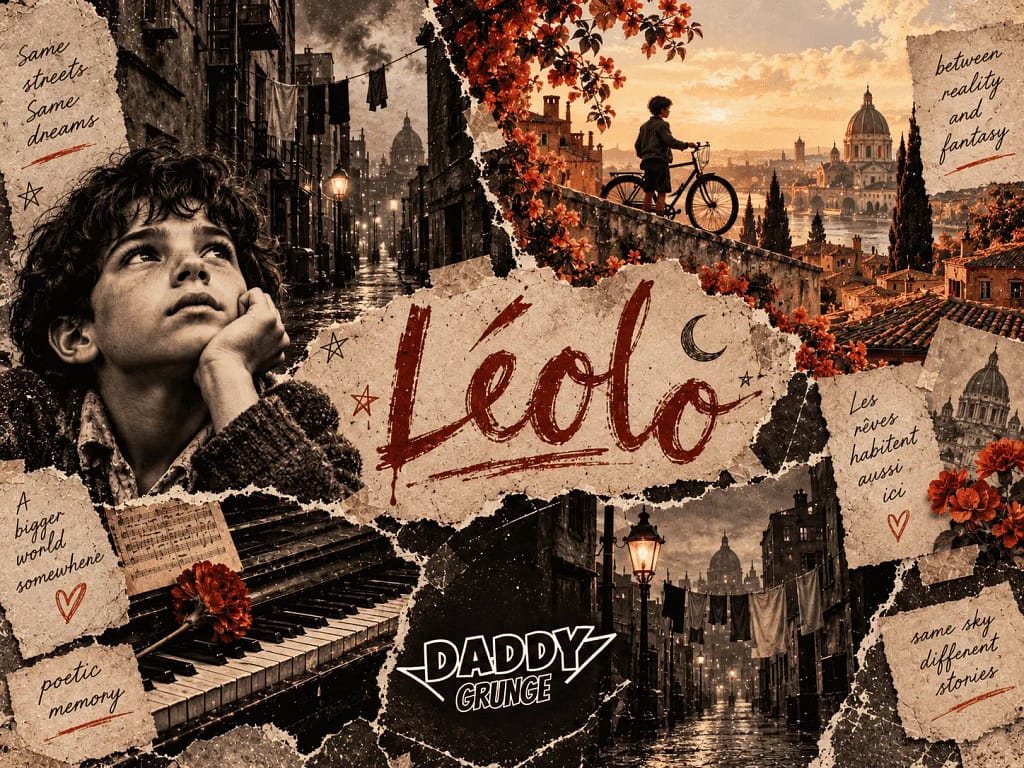 Léolo collage: a daydreaming boy, a Sicilian tomato and a Montreal tenement in a poetic grunge 90s style