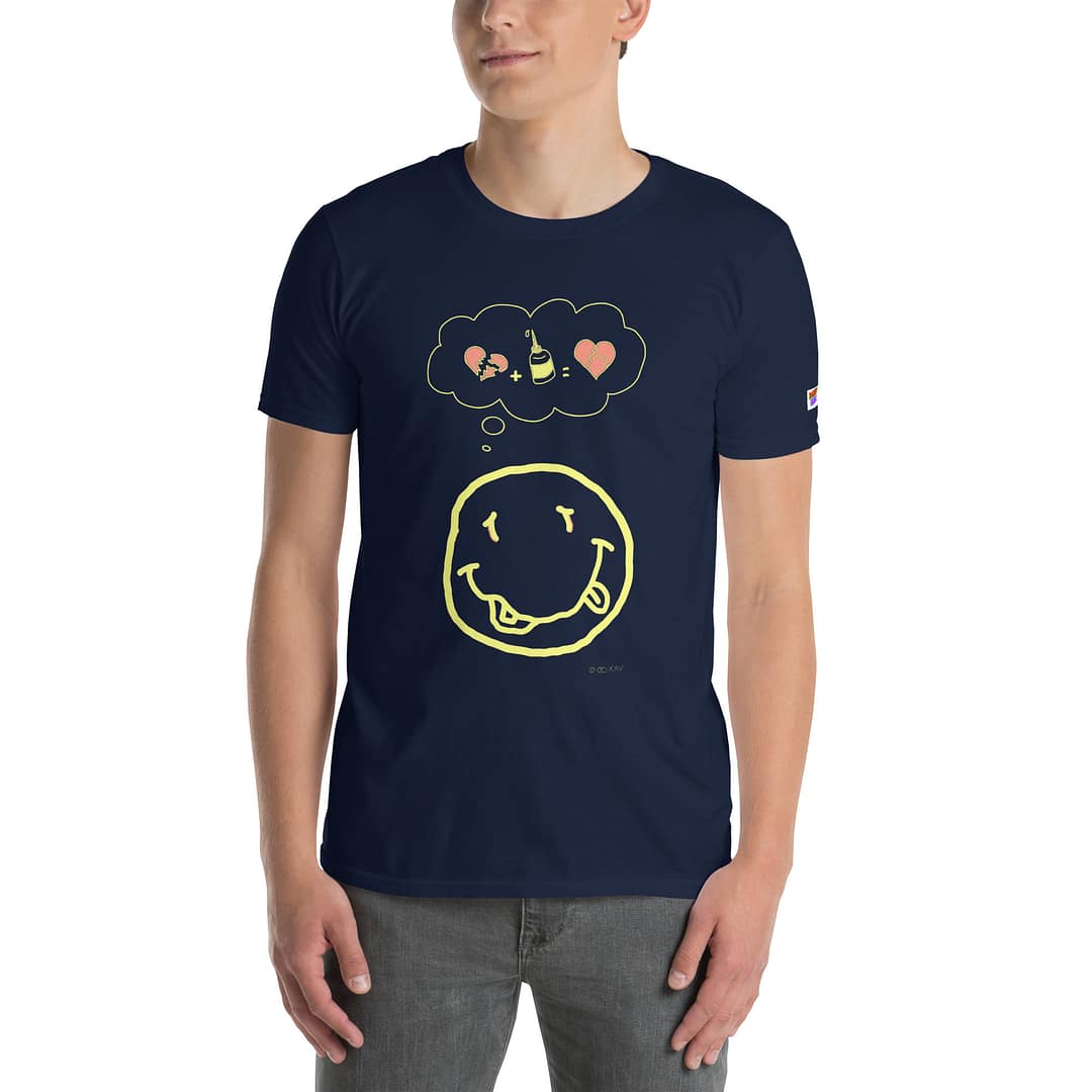 Caucassian guy in a dark navy blue daddy grunge cartoon shirt with the altered Nirvana smiley and the thought bubble with the glued together heart pieces as a motive. Face is halfway cut off.