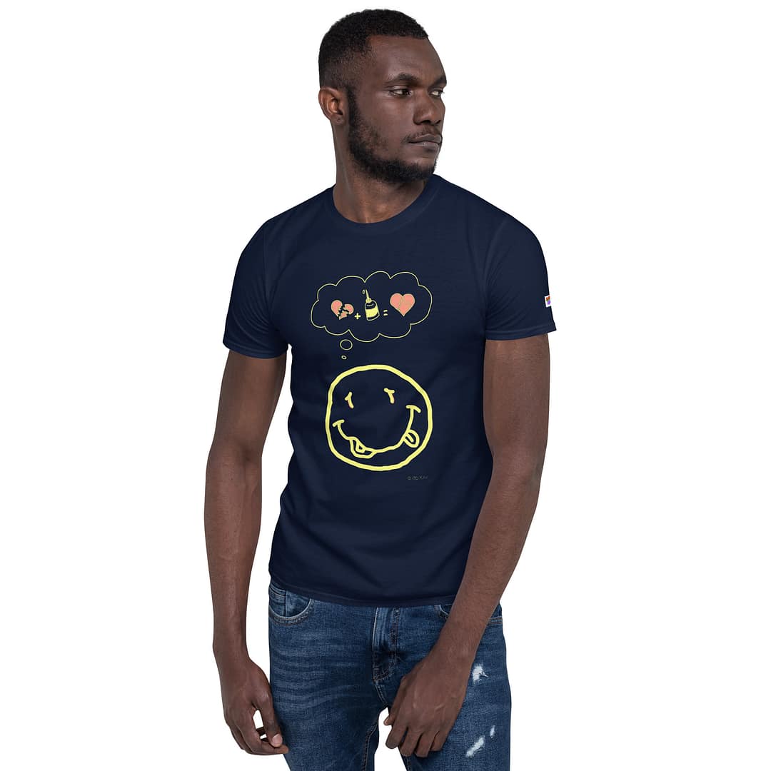 Black guy in a black daddy grunge cartoon shirt with the altered Nirvana smiley and the thought bubble with the glued together heart pieces as a motive looking to the right with the arms hanging down