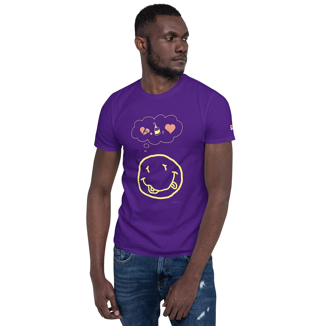 Black guy in a purple daddy grunge cartoon shirt with the altered Nirvana smiley and the thought bubble with the glued together heart pieces as a motive looking to the right with the arms hanging down