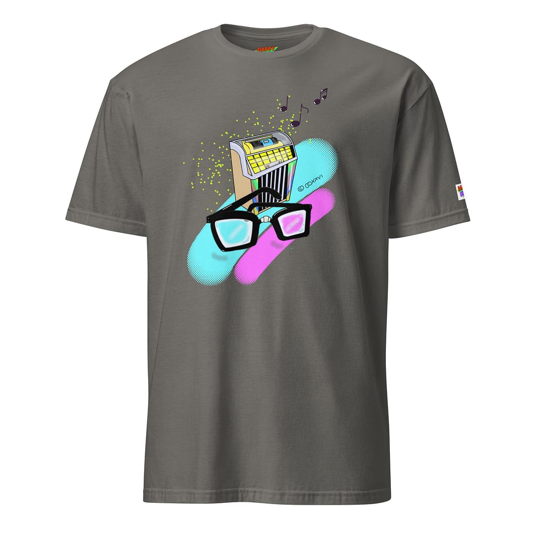 Charcoal-colored shirt with a hand-drawn retro diner jukebox with thick black nerd glasses in front, 90s neon pop-art style with floating music notes - Daddy Grunge "What They Say" graphic tee design