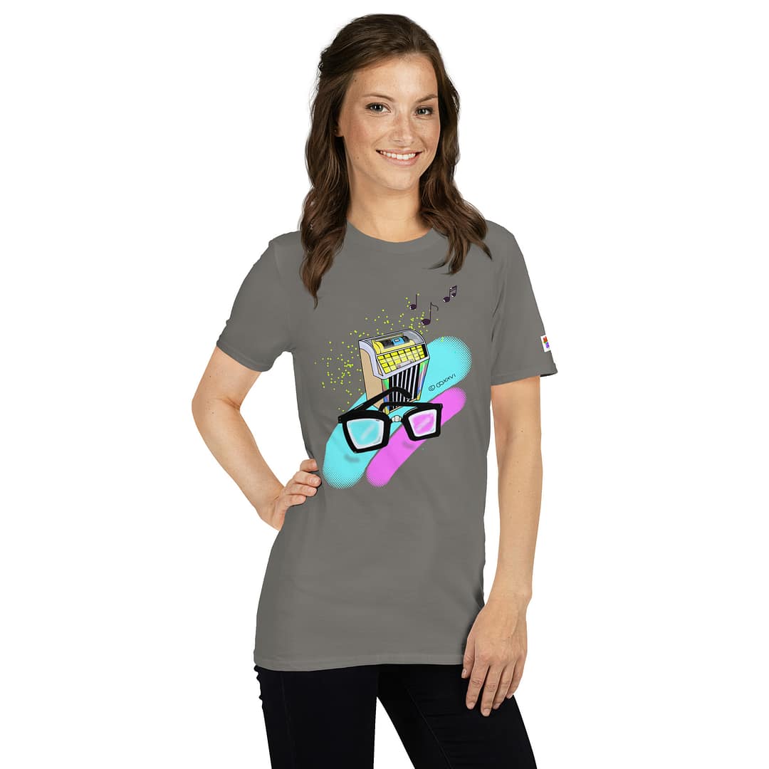 Caucasian girl smiling and wearing a charcoal-colored shirt with a hand-drawn retro diner jukebox with thick black nerd glasses in front, 90s neon pop-art style with floating music notes - Daddy Grunge "What They Say" graphic tee design