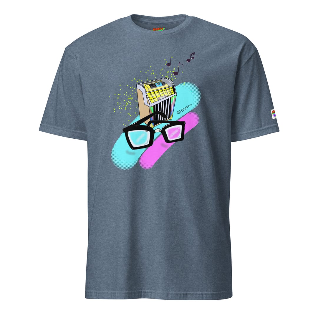 Heather-grey shirt with a hand-drawn retro diner jukebox with thick black nerd glasses in front, 90s neon pop-art style with floating music notes - Daddy Grunge "What They Say" graphic tee design