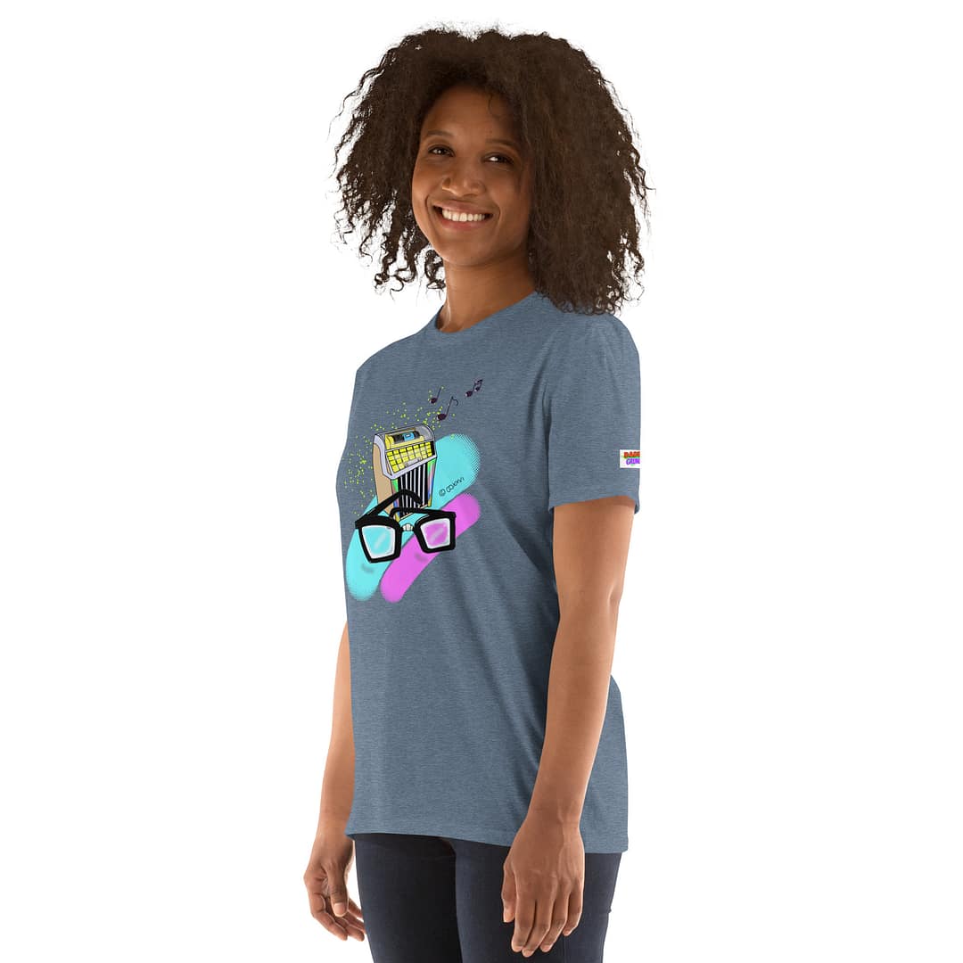 Black girl smiling and wearing a heather-grey shirt with a hand-drawn retro diner jukebox with thick black nerd glasses in front, 90s neon pop-art style with floating music notes - Daddy Grunge "What They Say" graphic tee design