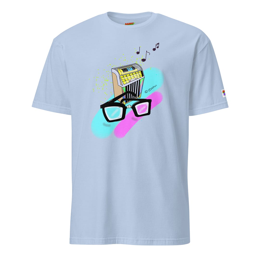 Light-blue shirt with a hand-drawn retro diner jukebox with thick black nerd glasses in front, 90s neon pop-art style with floating music notes - Daddy Grunge "What They Say" graphic tee design