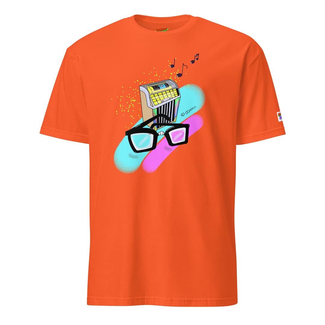 Orange shirt with a hand-drawn retro diner jukebox with thick black nerd glasses in front, 90s neon pop-art style with floating music notes - Daddy Grunge "What They Say" graphic tee design
