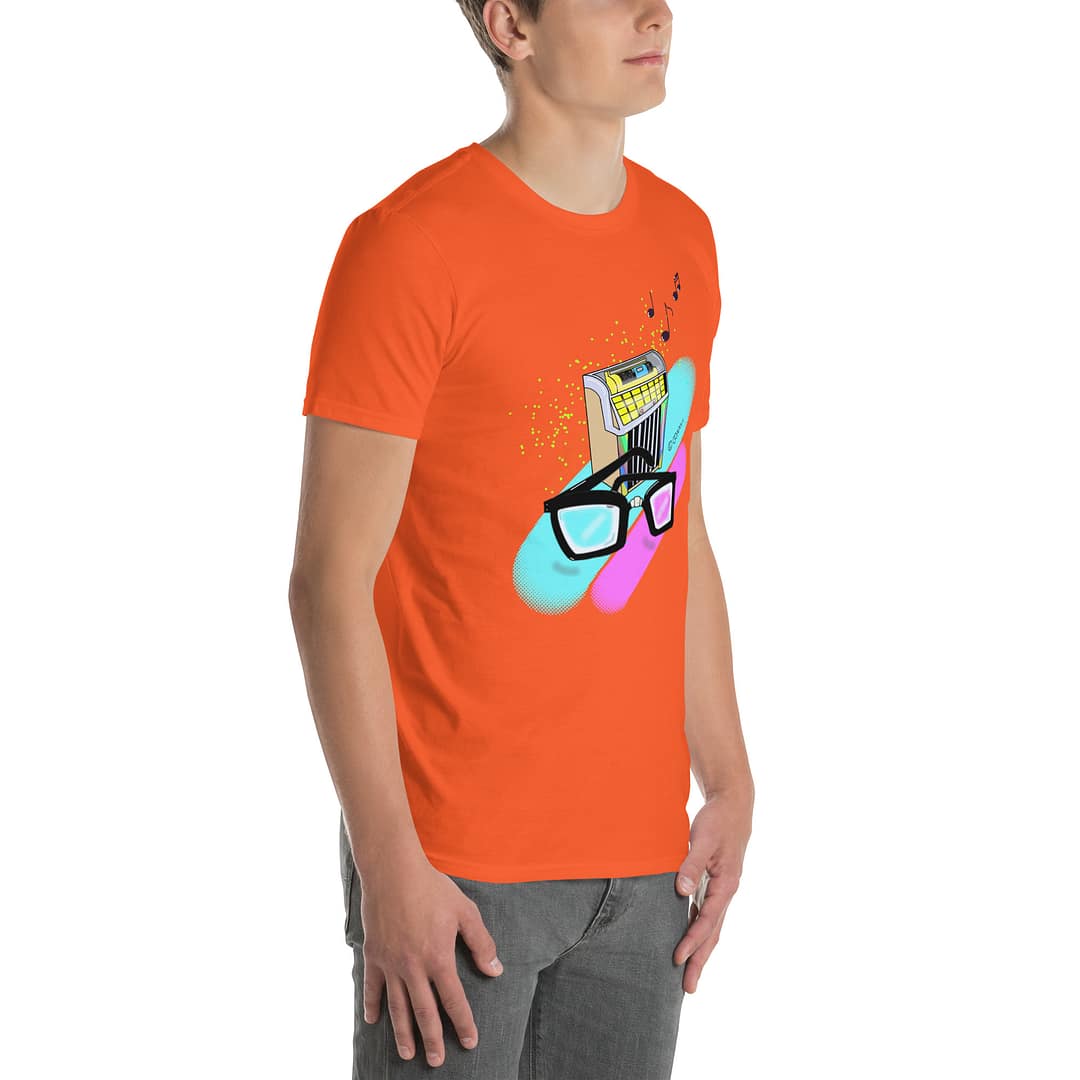 Caucasian guy whose eyes are cut off the picture wearing an orange shirt with a hand-drawn retro diner jukebox with thick black nerd glasses in front, 90s neon pop-art style with floating music notes - Daddy Grunge "What They Say" graphic tee design