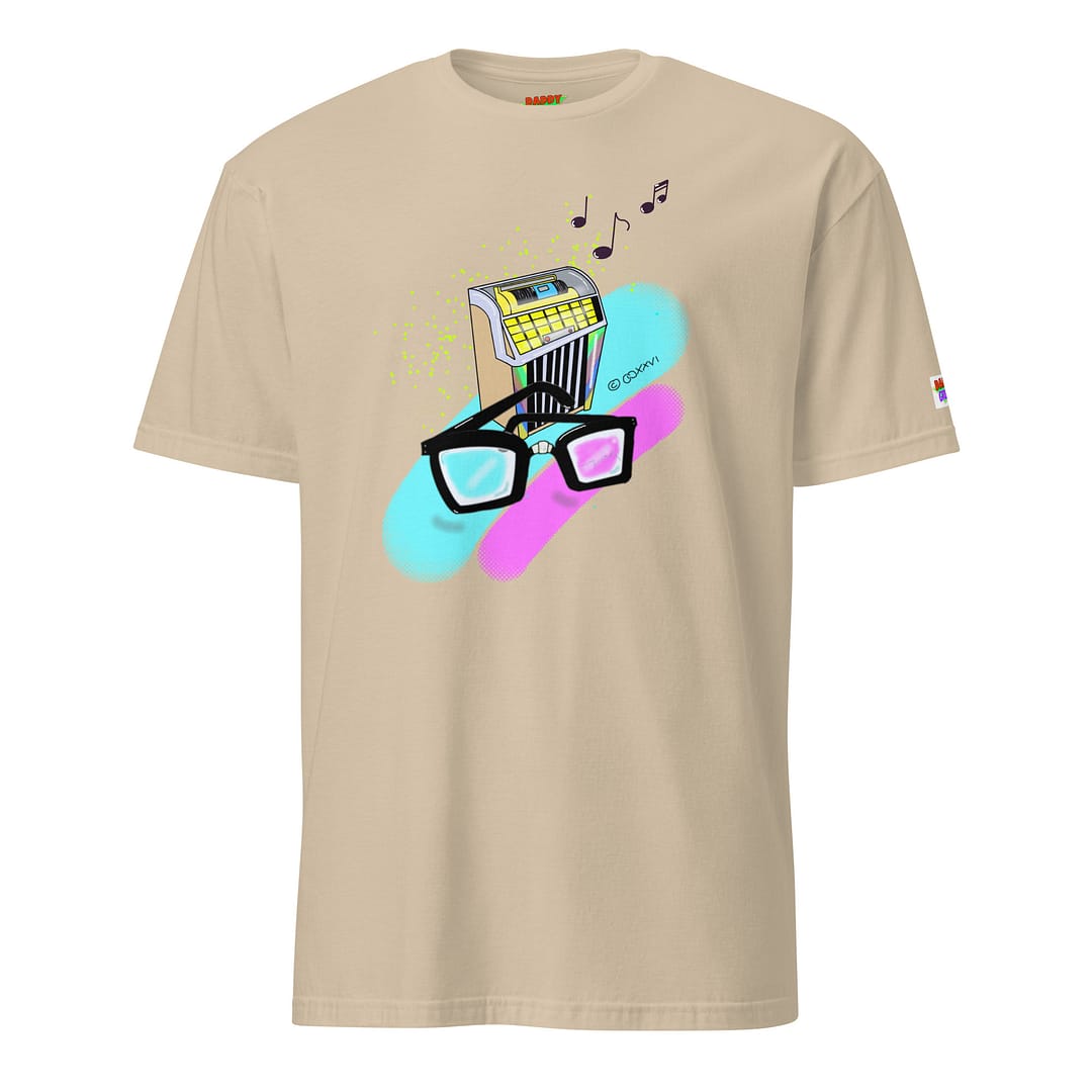 Sand-colored shirt with a hand-drawn retro diner jukebox with thick black nerd glasses in front, 90s neon pop-art style with floating music notes - Daddy Grunge "What They Say" graphic tee design