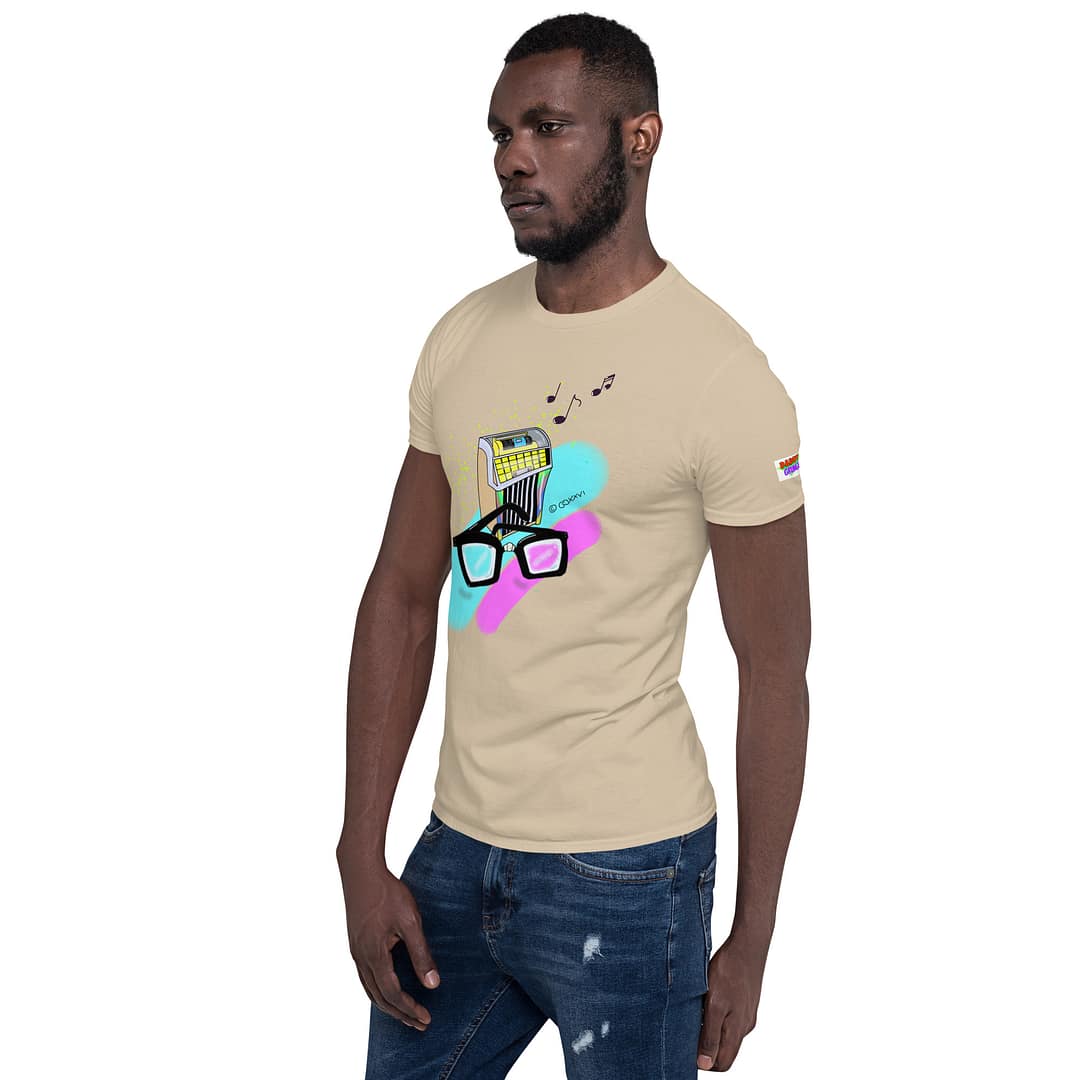 Black guy turning to the right wearing a sand-colored shirt with a hand-drawn retro diner jukebox with thick black nerd glasses in front, 90s neon pop-art style with floating music notes - Daddy Grunge "What They Say" graphic tee design