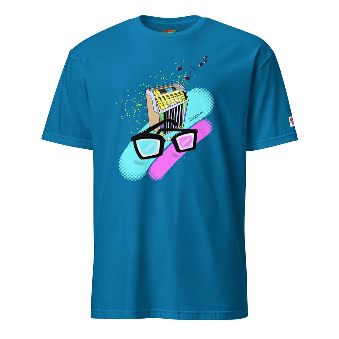 Sapphire-blue shirt with a hand-drawn retro diner jukebox with thick black nerd glasses in front, 90s neon pop-art style with floating music notes - Daddy Grunge "What They Say" graphic tee design