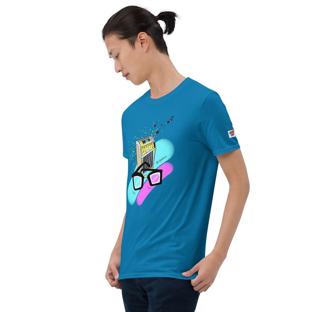 Asian guy turning to the right wearing a sapphire-blue shirt with a hand-drawn retro diner jukebox with thick black nerd glasses in front, 90s neon pop-art style with floating music notes - Daddy Grunge "What They Say" graphic tee design
