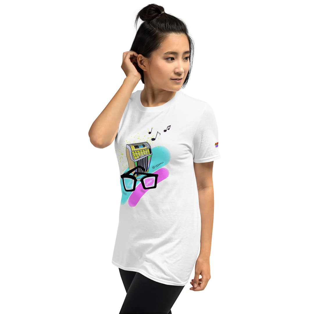 Asian girl turning to the left wearing a white shirt with a hand-drawn retro diner jukebox with thick black nerd glasses in front, 90s neon pop-art style with floating music notes - Daddy Grunge "What They Say" graphic tee design
