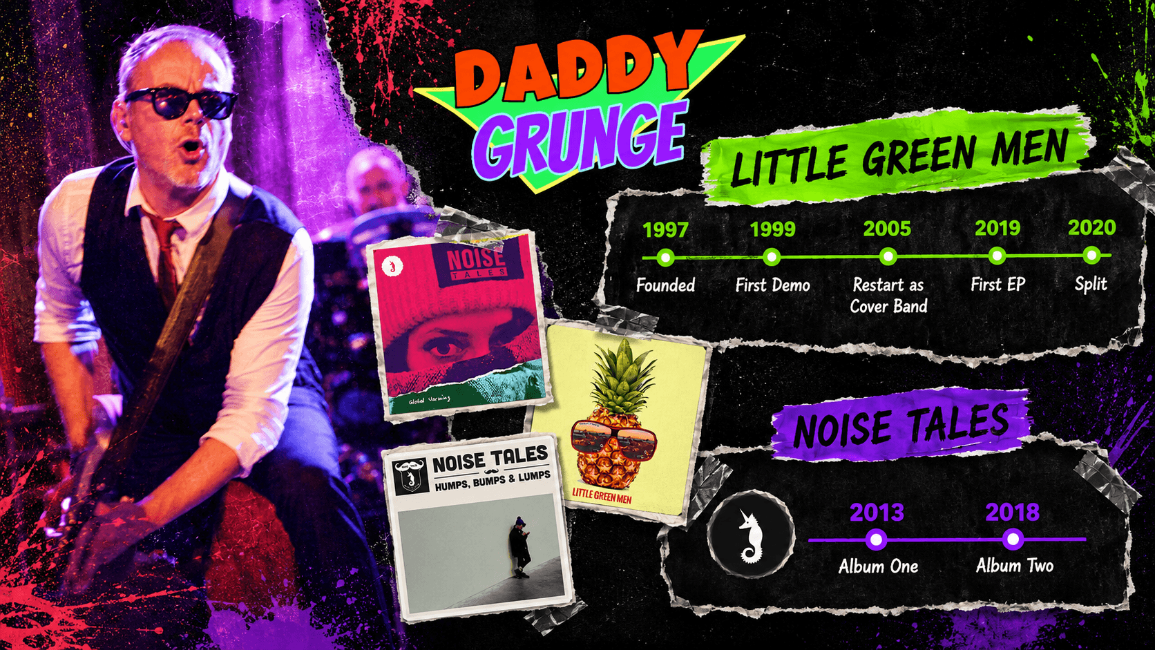 Colorful PNG which shows the timelines of the two bands Noise Tales and little green men on the right, the three published albums In the middle and Daddy Grunge as stage performer at a live gig with his former band.